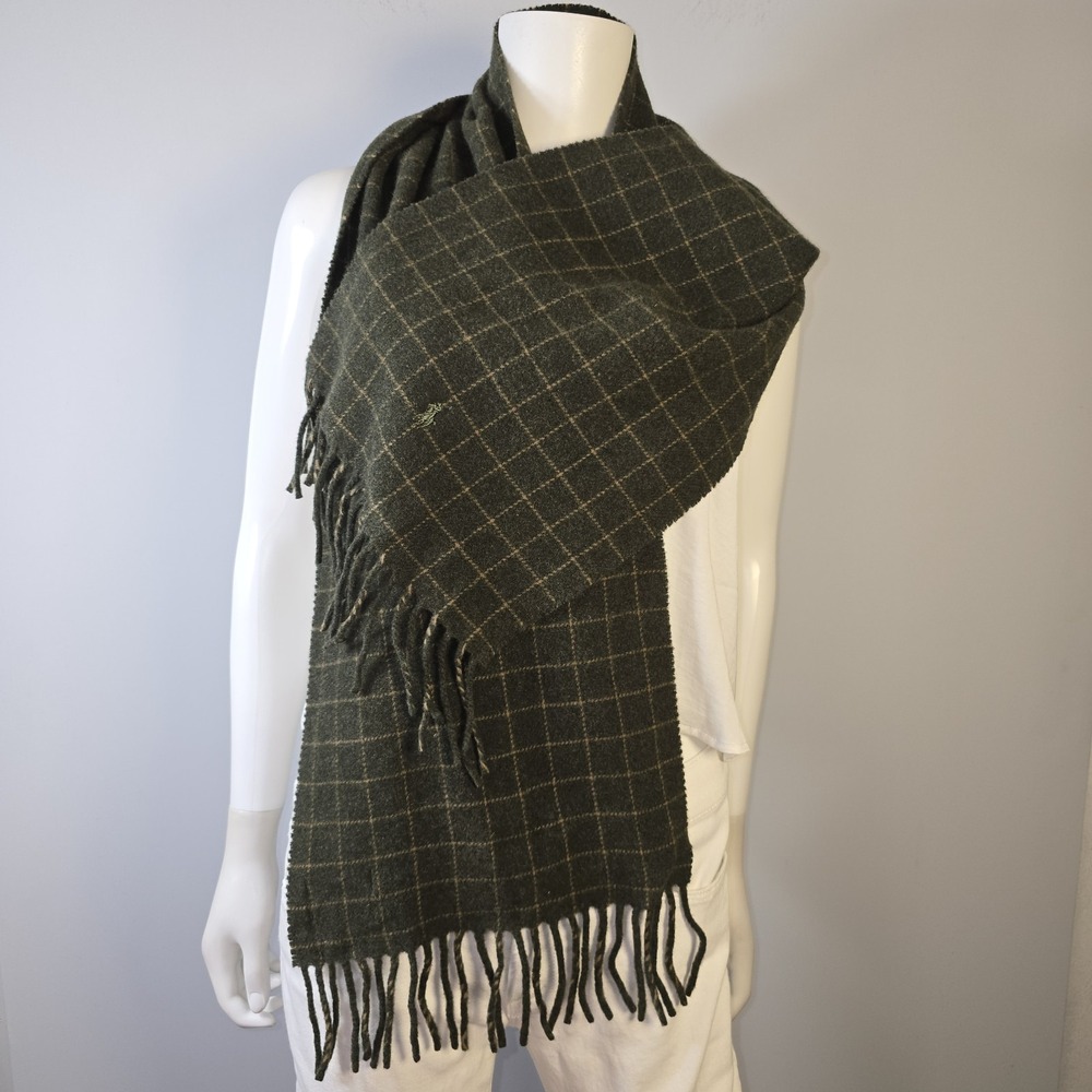 Polo Ralph Lauren Lambswool Olive Green Check Scarf Fringed Italy 56"x11" Unisex